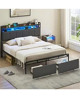 gaomon Bed Frame With 2-Tier Storage Headboard, Upholstered Platform Bed Frame With 2 Storage Drawers, Built In Charging Station & Led