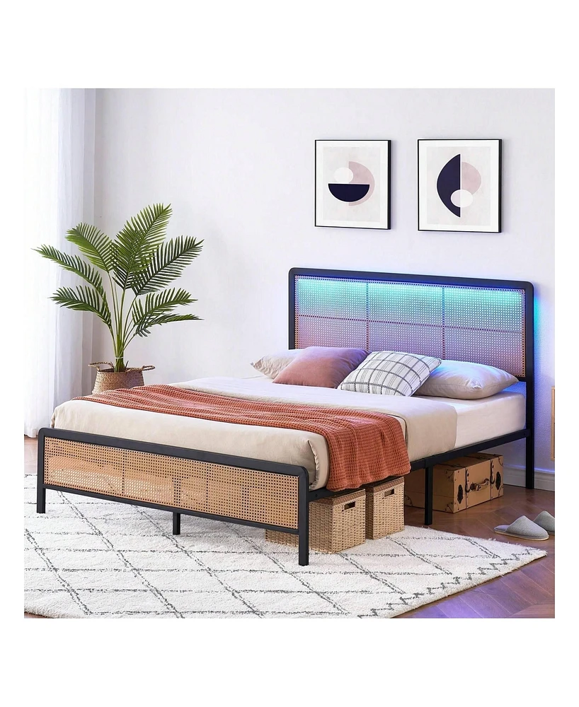 gaomon Rattan Bed Frame With Headboard And Footboard, Heavy Duty Metal Platform Storage, Easy Assembly, No Box Spring Needed