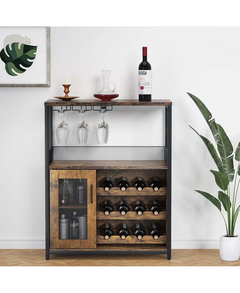 gaomon Wine Bar Cabinet with Detachable Wine Rack, Bar Rack Cabinet with Glass Holder and 1 Drawer, Mesh Door