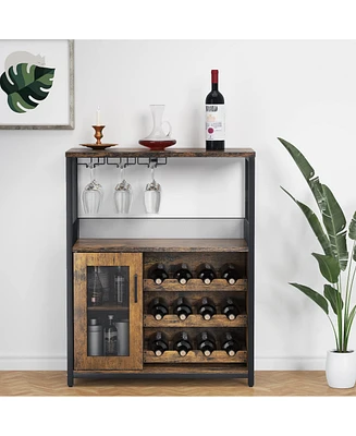 gaomon Wine Bar Cabinet with Detachable Wine Rack, Bar Rack Cabinet with Glass Holder and 1 Drawer, Mesh Door