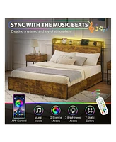 gaomon Queen Platform Bed Frame With Storage Headboard And 6 Storage Drawers,Led Bed Frame With Socket And Usb Port,Batten Bracing,No Spring Box Neede