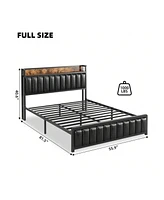 gaomon Full/Queen/King Size Bed Frame With Shelf Headboard And Charging Station, Industrial Upholstered Platform Bed With Outlets