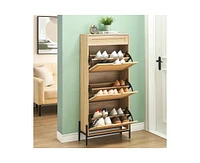 gaomon Natural Rattan 3 Flip Door Shoe Cabinet, Modern Shoe Rack Storage Organizer with Drawer and 3-Tier Adjustable Shelves, Freestanding Shoe Cabine