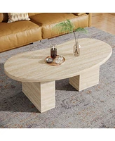 Tribesigns 45.28" Oval Coffee Table for Living Room, Large Modern Coffee Table, All-Wood Center Table with Asymmetric Pedestal Legs, Oak