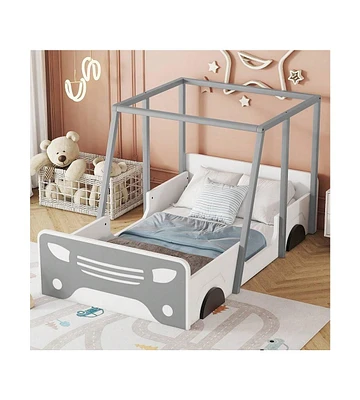 gaomon Car-Shaped Bed Frame Twin Size, Fun Playhouse Wooden Platform Bed With Roof, Wheels And Door, With Safe Guardrails, Easy Assembly, Kids Bedroom