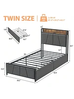 gaomon Twin/Full/Queen/King Size Bed Frame With 2 Storage Drawers And Charging Station, Rustic Linen Upholstered Platform Bedframe With Storage Headbo