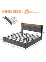 gaomon Bed Frame With Storage Headboard And 2 Drawers, Linen Upholstered Platform Bed Frame With Charging Station, Heavy Duty, No Box Spring Needed