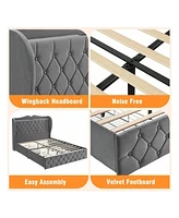 gaomon Bed Frame With Charging Station And 4 Storage Drawers, Velvet Upholstered Tall Tufted Wingback Headboard And Storage Shelf