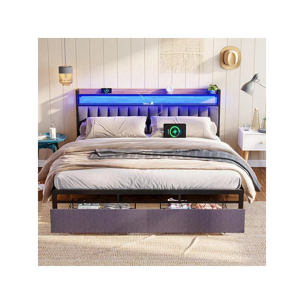 gaomon Full Size Bed Frame With Storage Headboard, 2 Drawers, Charging Station Led Upholstered Bed Frame, No Box Spring Needed Platform Bed Frame For