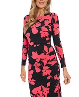 London Times Petite Floral Side-Ruched Long-Sleeve Midi Dress