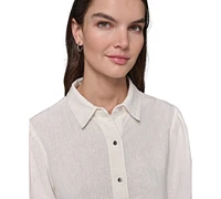 Karl Lagerfeld Paris Women's Linen-Blend Bungee-Sleeve Button-Front Top, Regular & Petite