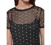 Karl Lagerfeld Paris Women's Embellished Mesh Crewneck Top