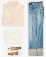 Self Esteem Juniors Striped Long Sleeve Button Up Shirt Hippie Rose Juniors T Shirt Madden Girl Juniors Wide Leg Cuffed Jeans