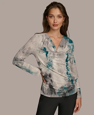 Donna Karan New York Women's Printed Long-Sleeve Draped-Front Top