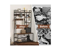 gaomon 5-in-1 Coat Rack, Hall Tree with Bench and Shoe Storage, Freestanding Entryway Bench with 5-Tier Open Shelves, Fabric Storage Basket and 12 Hoo
