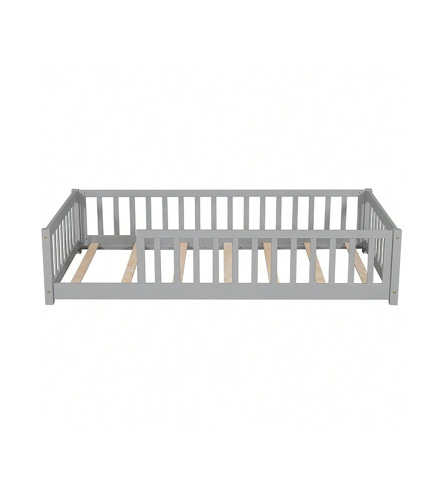 gaomon Children Twin Floor Bed Floor Bed Solid Wood Floor Bed Frame With Sturdy Slats And Safety Fence For Girls Boys Teens