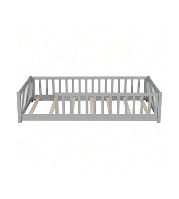 gaomon Children Twin Floor Bed Floor Bed Solid Wood Floor Bed Frame With Sturdy Slats And Safety Fence For Girls Boys Teens