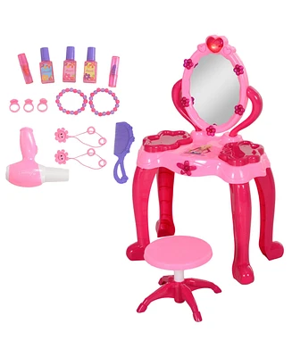 Qaba Kids Vanity Set with Mirror and Stool, Light and Sound, 15 Accessories