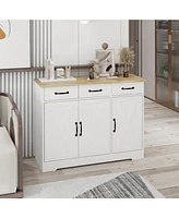 Slickblue Farmhouse White Buffet Cabinet Storage Sideboard with 3 Drawers and 3 Doors, Perfect for Dining Room, Living Room, or Kitchen Cupboard