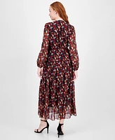 Robbie Bee Women's Printed V-Neck Long-Sleeve Dress