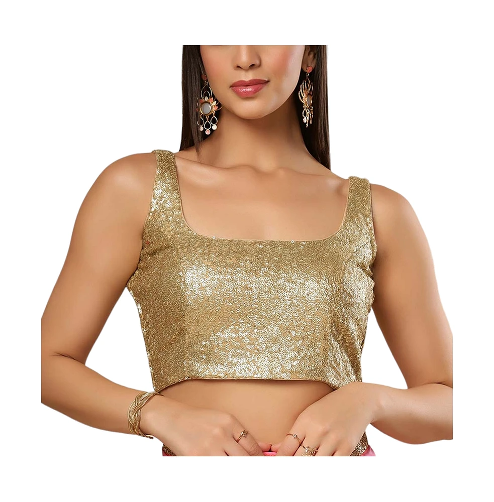 One Minute Saree Women's Chandini Gold Sequins Sleeveless Tie Back Blouse