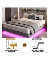 gaomon Full/Queen/King Size Floating Bed Frame With Charging Station & Storage Headboard, Upholstered Platform Bed Frame With Led Lights, Solid Wood S