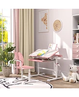 Qaba Adjustable Kids Desk and Chair Set with Tilt Desktop, Storage, Pink