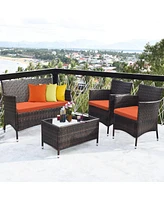 Sugift 4 Pieces Comfortable Outdoor Rattan Sofa Set with Glass Coffee Table