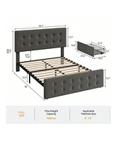 Bed Frame,With 4 Storage Drawers And Headboard, Linen Upholstered Platform Frame With Wooden Slats Support, Button Tufted Design