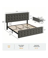 Bed Frame,With 4 Storage Drawers And Headboard, Linen Upholstered Platform Frame With Wooden Slats Support, Button Tufted Design