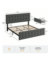 Bed Frame,With 4 Storage Drawers And Headboard, Linen Upholstered Platform Frame With Wooden Slats Support, Button Tufted Design