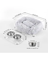 The Licker Store Billie Small Modern Lucite Pet Bed with Washable Cushion & 4" Elevated Feeder with 27 oz Stainless Steel Bowls.