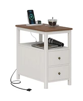 Homcom Narrow End Table with Charging Station, Usb Ports, Drawers, White