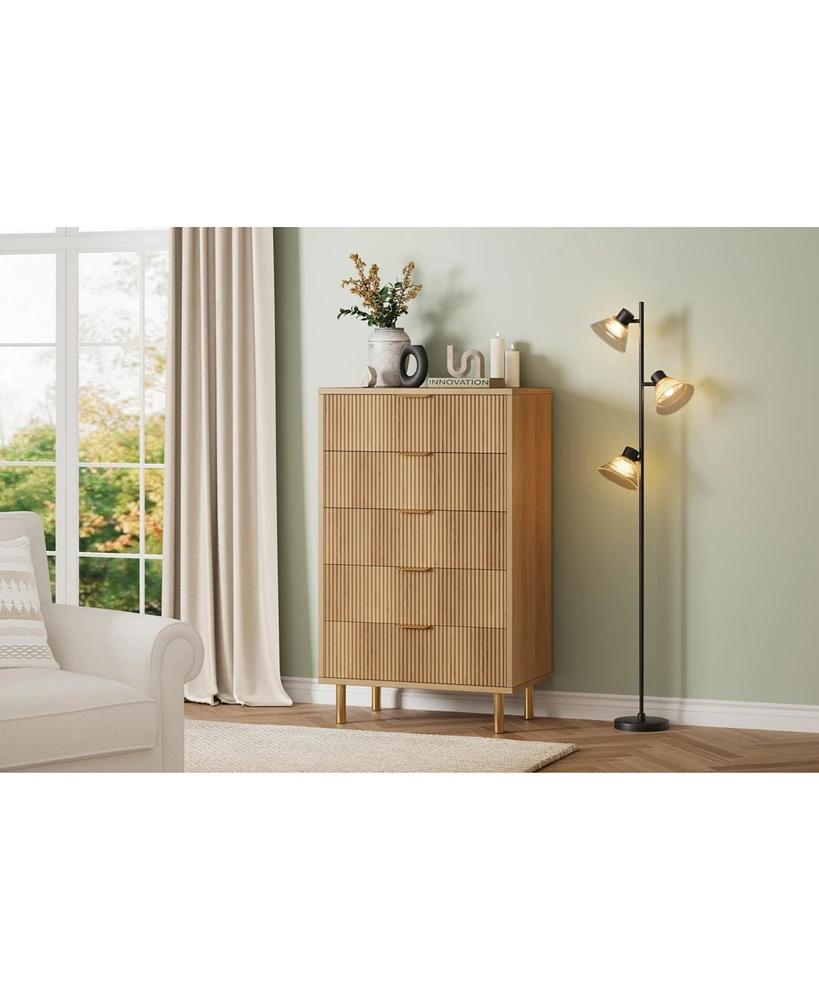 gaomon Brown Dresser, Modern 5 Drawer Dresser for Bedroom with Gold Handle and Large Drawer