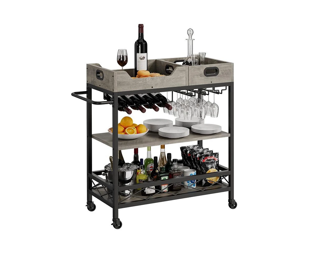 gaomon Bar Carts for The Home with 2 Portable Trays, 3 Tier Bar Cart with Wheels, Mobile Kitchen Shelf with Wine Rack and Glass Holder