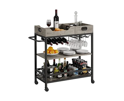 gaomon Bar Carts for The Home with 2 Portable Trays, 3 Tier Bar Cart with Wheels, Mobile Kitchen Shelf with Wine Rack and Glass Holder