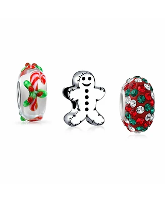 Bling Jewelry Gingerbread Cookie Stripe Crystal Candy Cane Charm Bead Set Sterling