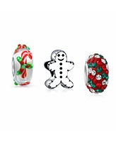 Bling Jewelry Gingerbread Cookie Stripe Crystal Candy Cane Charm Bead Set Sterling