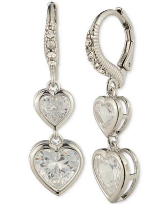 Givenchy Silver-Tone Crystal Double Heart Leverback Drop Earrings