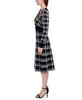 Robbie Bee Women's Plaid Belted Long-Sleeve Fit & Flare Dress