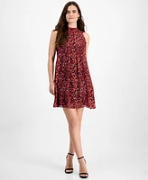 Robbie Bee Petite Heart-Print Mock-Neck Trapeze Dress