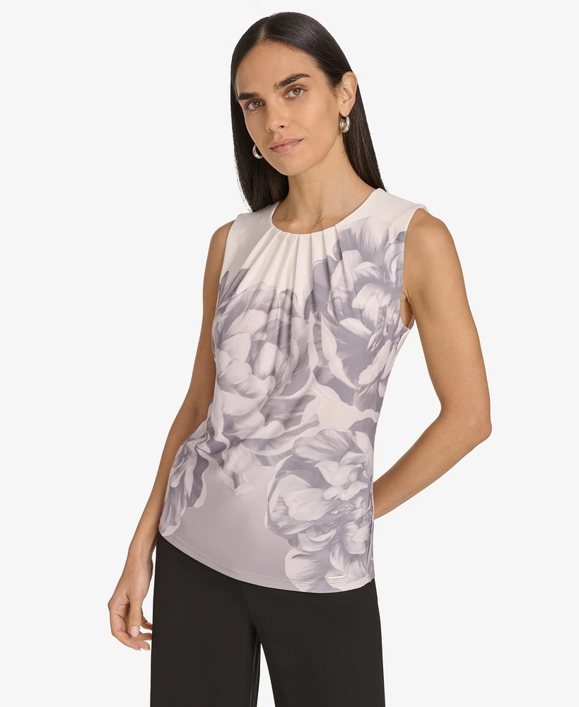 Calvin Klein Women's Printed Pleated-Neck Sleeveless Top