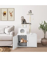 Sugift Cat Tree with Litter Box Enclosure with Cat Condo-White
