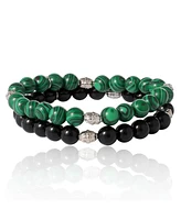 Lucky Brand Black and Green Beaded Stretch Bracelets - Two-Piece Natural Stone Set for Men