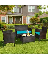 Sugift 4 Pieces Patio Rattan Sofa Set with Chairs and Glass Coffee Table