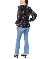 Sam & Jess Petite Floral-Print Smocked Sheer-Sleeve Top