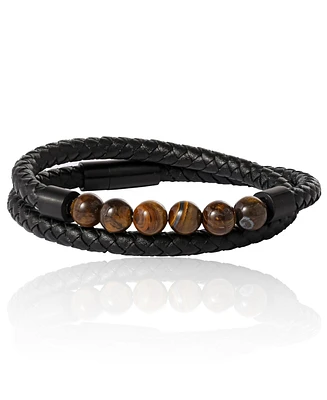 Lucky Brand Tiger s Eye Beaded and Leather Wrap Bracelet - Braided Leather & Stone Jewelry for Men