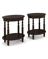 Gymax 2 Pcs 2-Tier End Table Oval Compact Sofa Side Nightstand w/ Storage Shelf