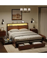 Hausource Queen Size Bed Frame with Storage Headboard & Charging Station & 4 Drawers Platform Bed