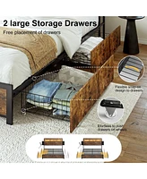 Hausource Queen/Full Size Bed Frame with Storage Headboard & 2 Drawers Platform Bed No Box Spring Needed, Queen